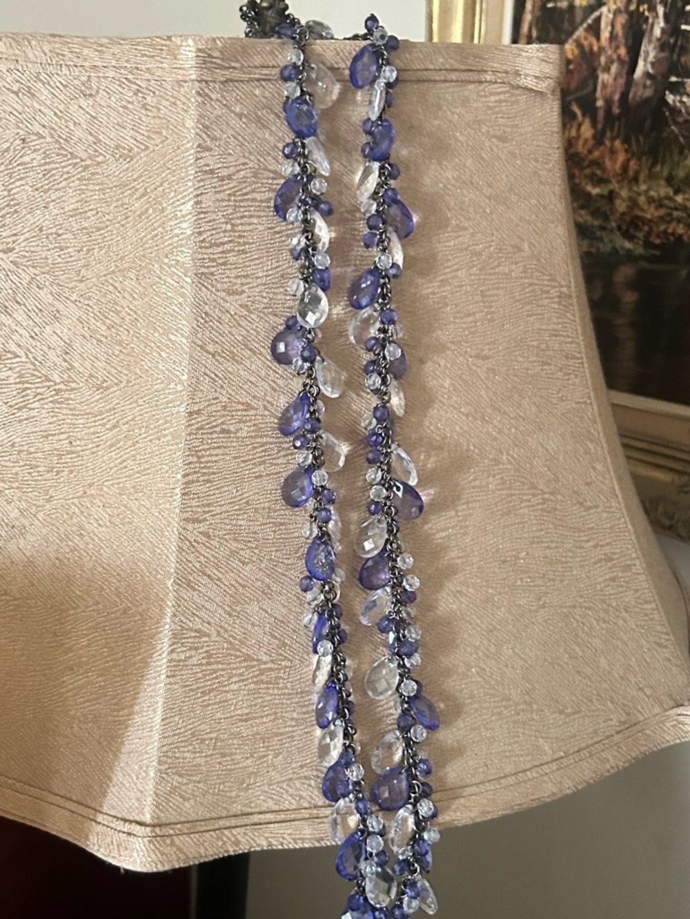 CHICOS LONG Teardrop Crystal Statement Necklace - Purple & Clear